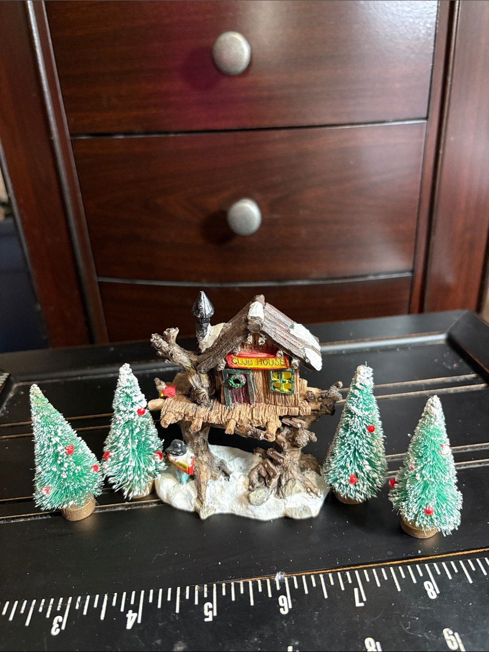 Holiday Treehouse Figurine with Frosted Bottle Brush Trees - Green